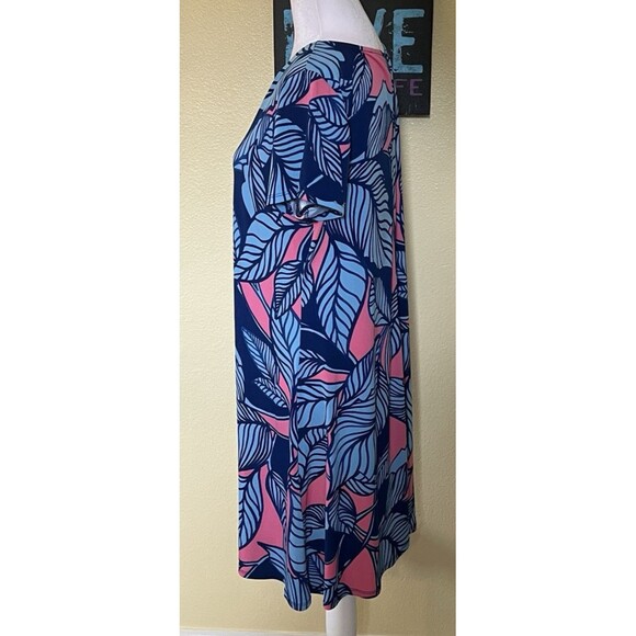 Ivy Lane Tropical Blue & Pink Shift Dress L Metal RIngs Keyhole Short Sleeve - Picture 3 of 8
